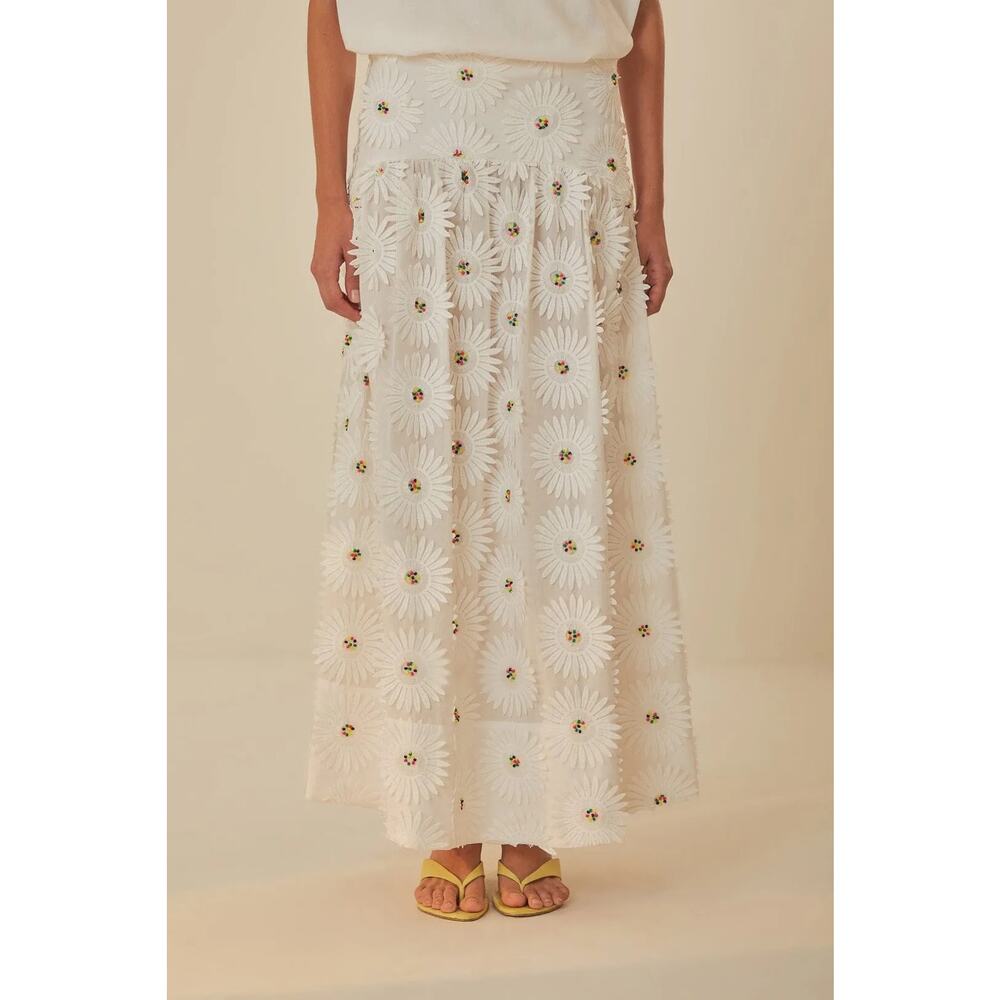 Farm Rio White Daisy 3d Flower Embroidered Maxi Skirt NWT Large